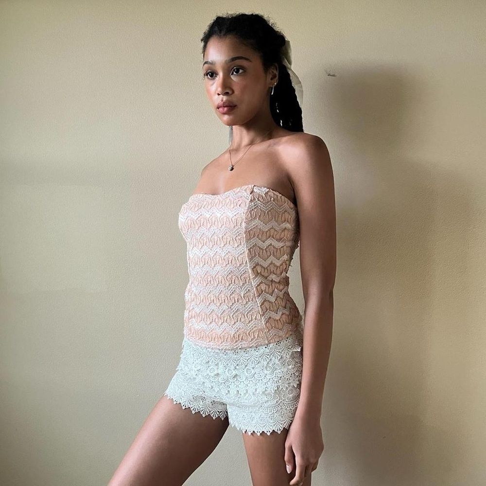 Peach pearlescent patterned tube top, Yabes USA